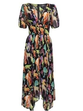 The Kooples Black Multi-Animal Print V‑Neck Asymmetric Midi Dress